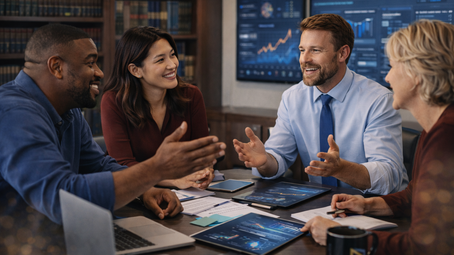 content development services - law firm successfully meeting clients in professional setting