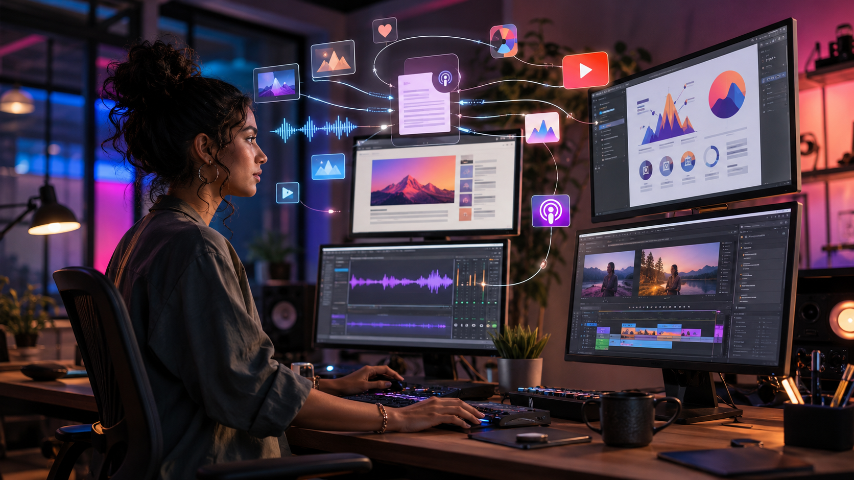 Creative marketer repurposing blog content into podcasts, infographics, and short videos across multiple digital screens