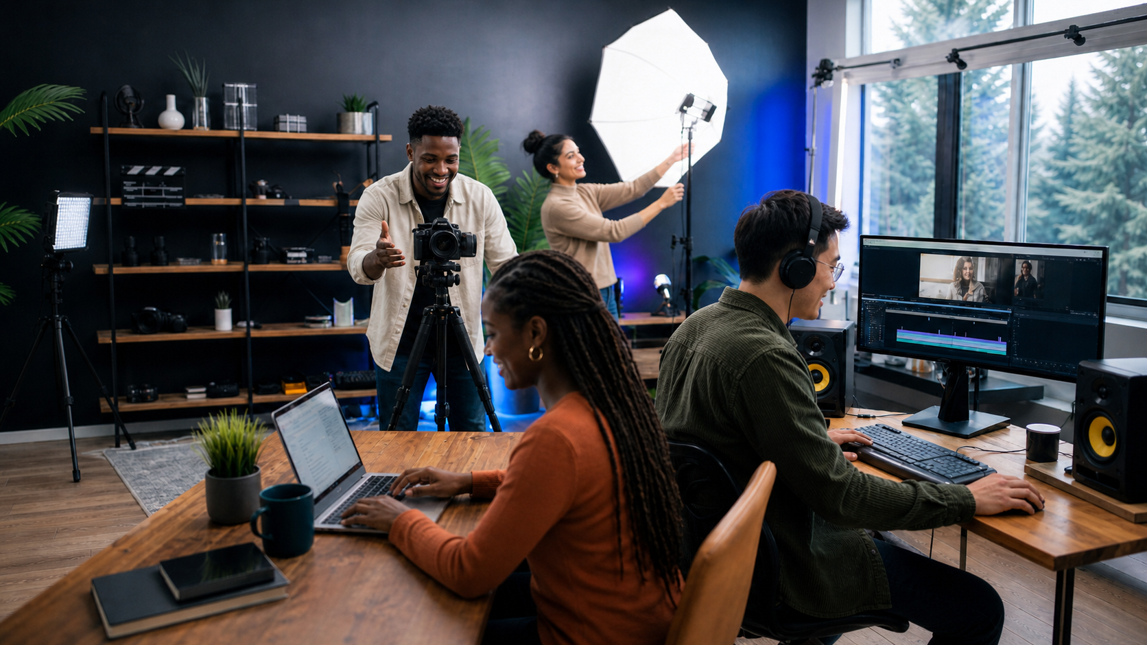 Content creators producing media content by filming a video and writing a blog post in a modern studio environment