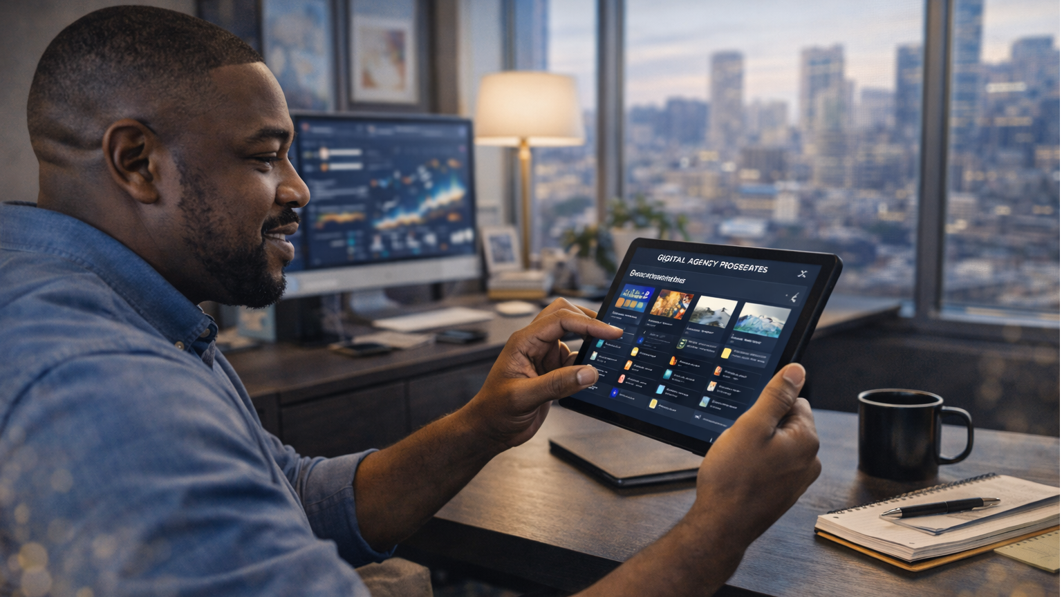 business owner evaluating content agency proposals and creative portfolios on digital device in stylish office