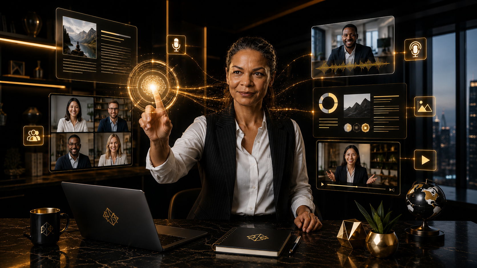 Visionary content creator using futuristic AI-powered content creation tool in a high-tech digital workspace