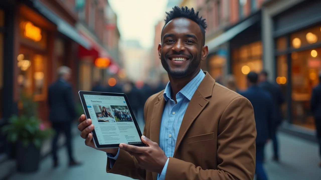 Entrepreneur boosting business growth with ai powered content creation by showcasing local digital media content in a vibrant downtown setting.