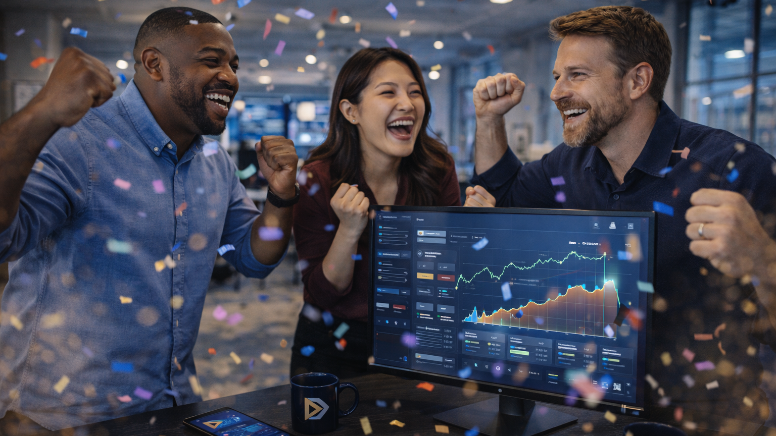 creative marketing agency team celebrating content campaign success in modern office