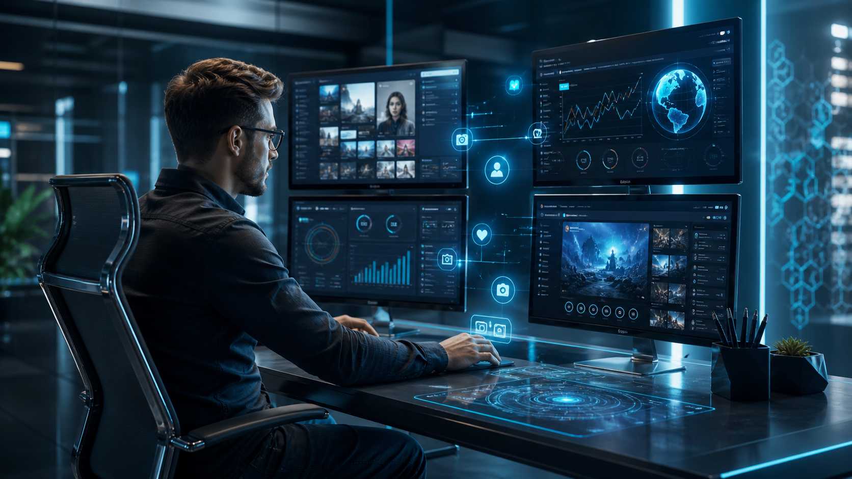 Futuristic digital workspace with multiple screens displaying various social media platforms and analytics for content creation