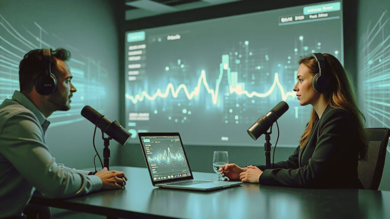 Futuristic podcast studio highlighting ai powered podcasts with advanced AI visualizations and engaged hosts in a modern tech-savvy broadcasting room