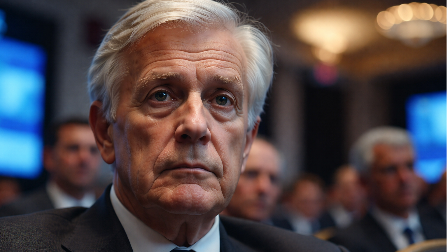 Somber older man attending event, evocative of electoral reflection.