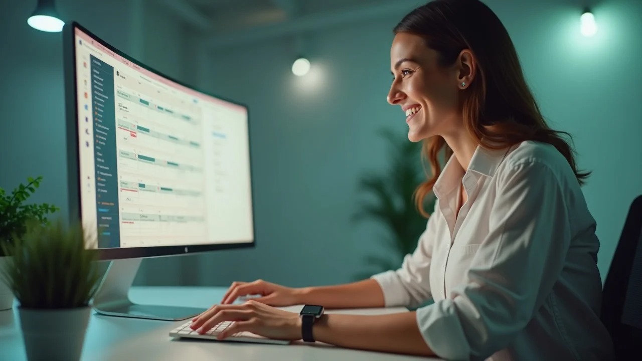 Business owner using ai powered content creation dashboard to efficiently schedule and publish content in a minimalist office.