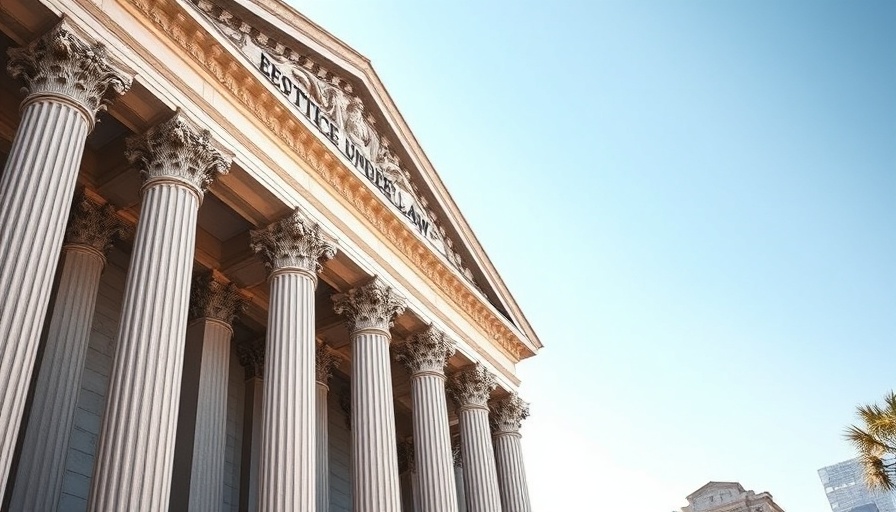 Neoclassical courthouse facade with 'Equal Justice Under Law'.