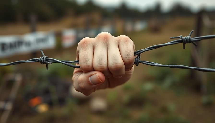 Barbed wire grasped by hand, depicting ICE detention practices.