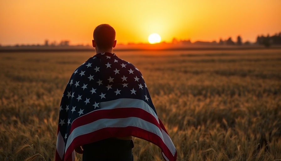 Contemplative figure with USA flag in a field.