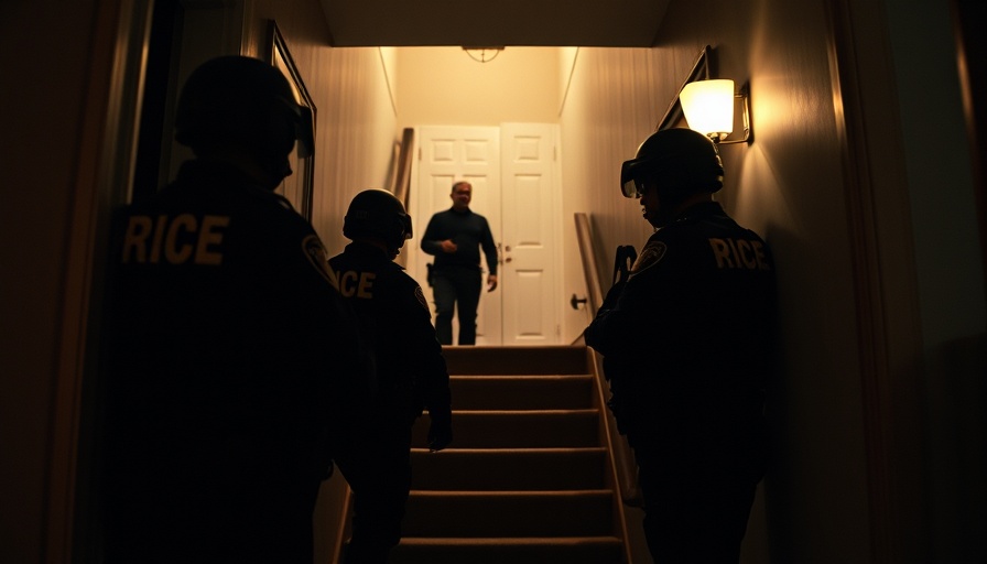 ICE officers conduct a raid in a Chicago hallway, dimly lit.