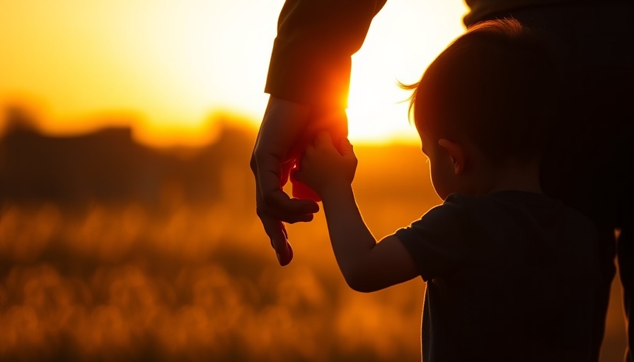 Silhouette of child holding hand, warm sunset, emotional connection.