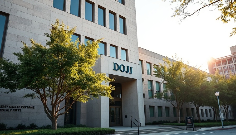 Entrance of DOJ building with lush greenery on a sunny day, Trump DOJ FBI Headquarters Sale.