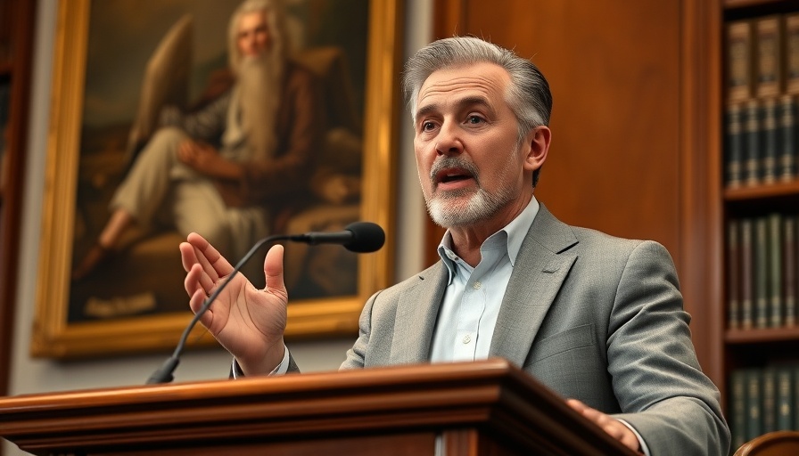 Mature man speaking at podium with dynamic hand gesture, Trump Free Speech Threat.