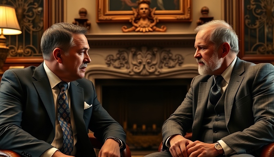 Intense dialogue in elegant office with fireplace, depicting two men in discussion.