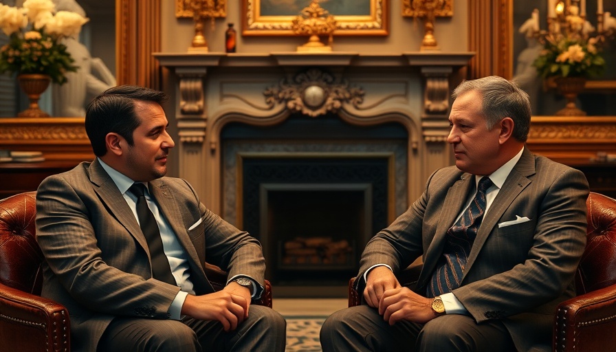 Conversation scene in formal room with two seated men, discussing.