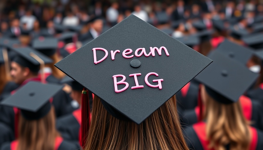 Texas Dream Act graduation cap with 'Dream Big' design surrounded by graduates.