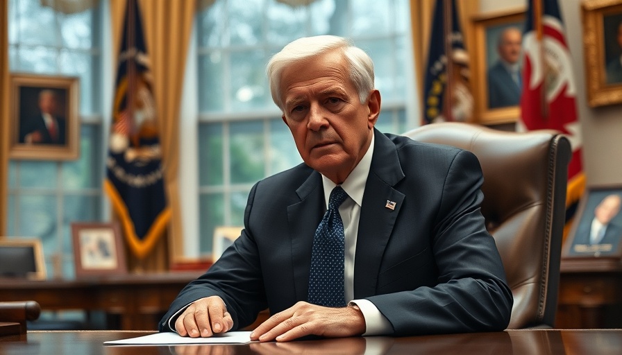 Presidential office scene with older man in a suit, serious expression.