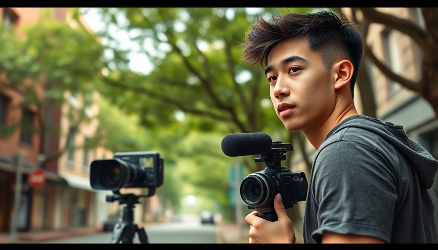 Young man outdoors recording video on a leafy street.