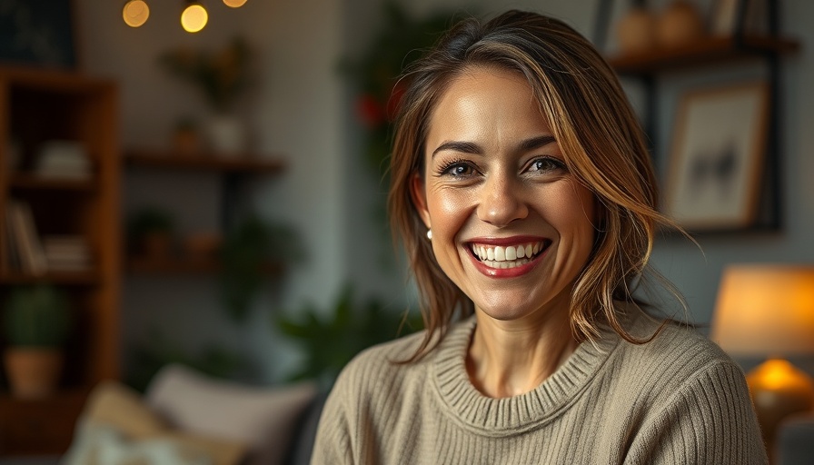 Cheerful woman speaking indoors about green card success.