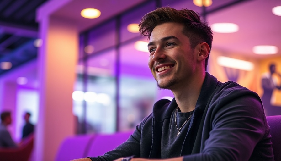 Smiling man lit by purple lighting, digital frame portrait.