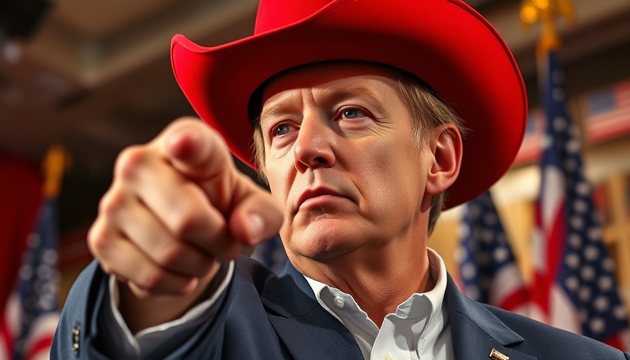 Man in red hat pointing, American flags in background at event.