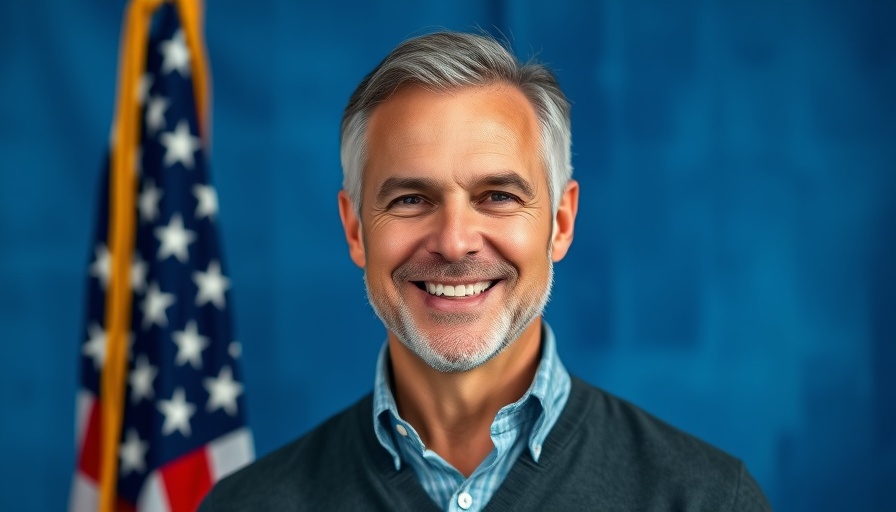 Portrait of a smiling middle-aged man in front of an American flag, photorealistic.
