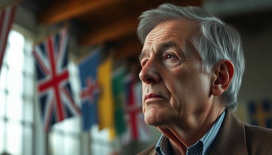 Contemplative man in suit with blurred flag background.