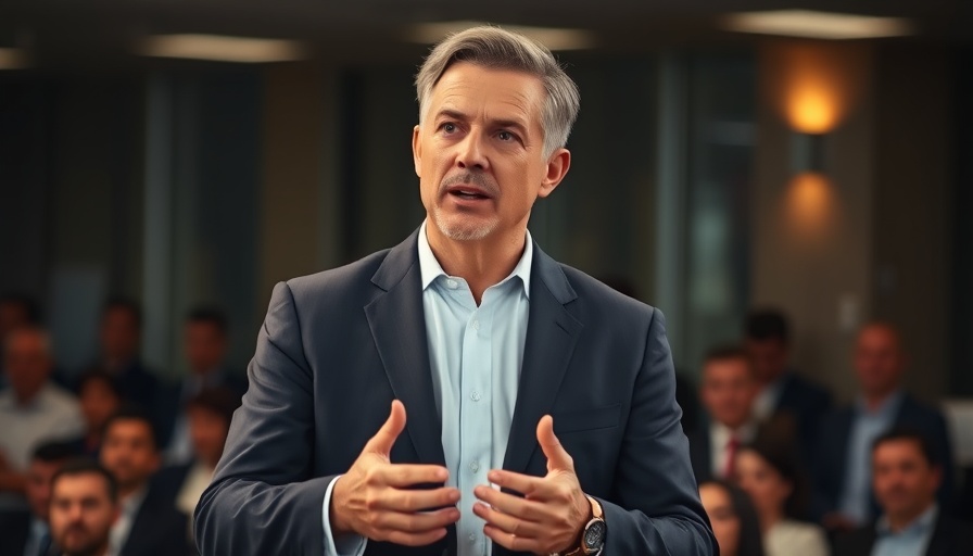 Confident man gesturing during a speech indoors, professional setting.