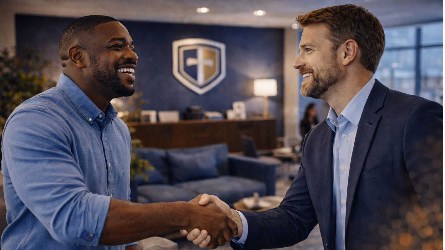 happy business client shaking hands with content agency specialist after strategy success in modern lobby