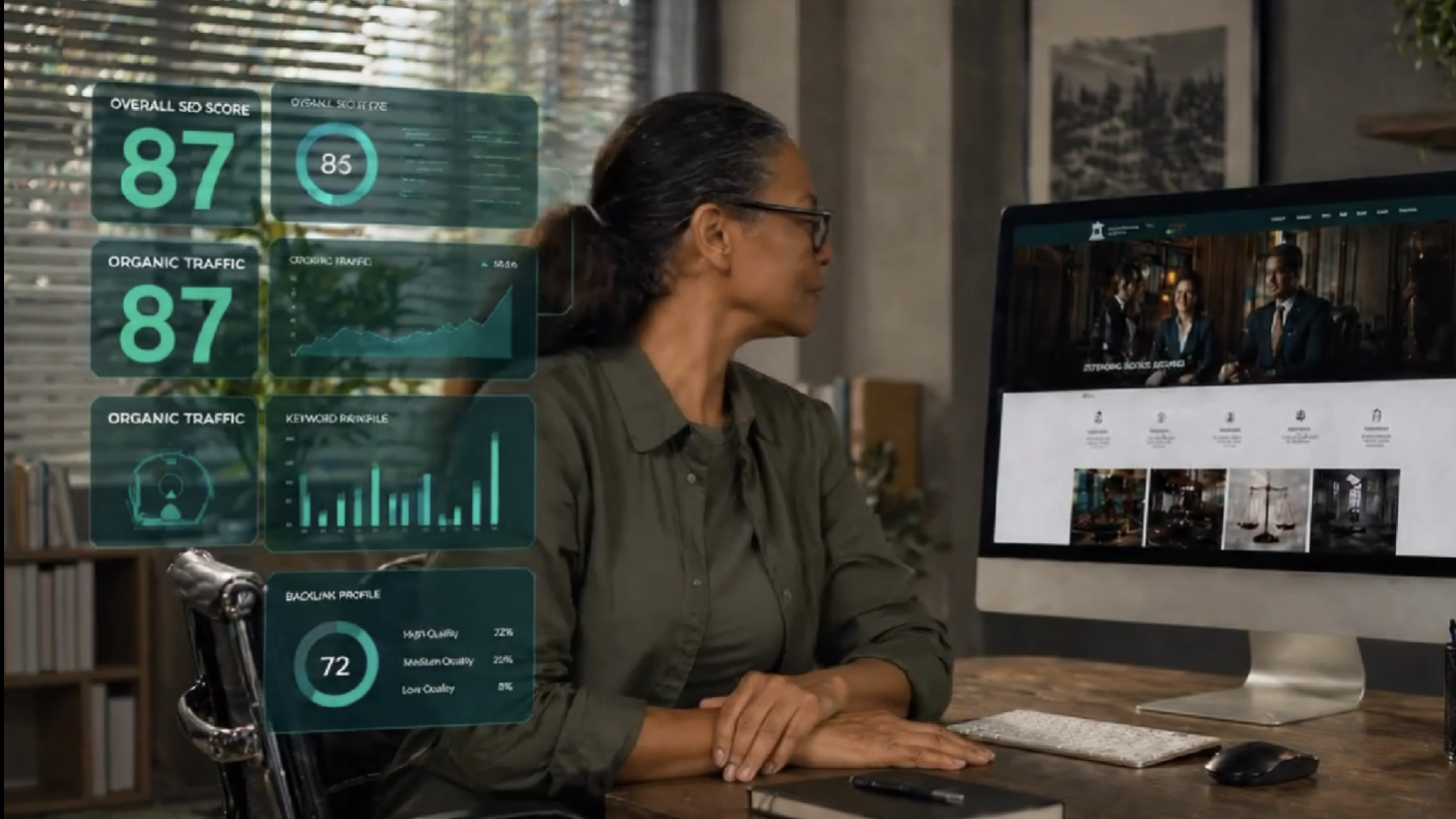 Dynamic website review — attentive professional, engagingly analyzing law firm website on large monitor, styled as photorealistic set in a minimalist workspace, featuring floating SEO metric graphs, rendered with fine detail and natural depth, using soft gray and emerald tones, under diffused afternoon lighting, captured as if shot with a 35mm lens.