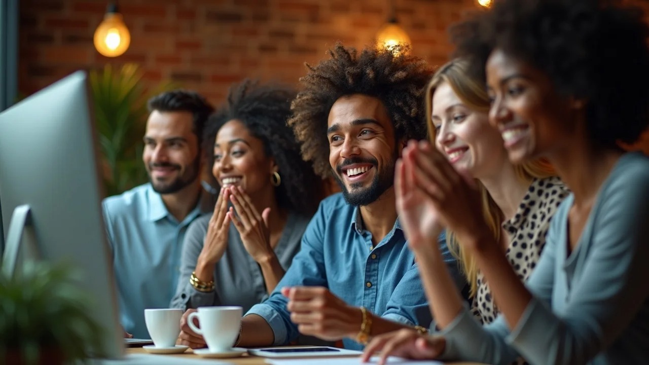 Small business team mastering ai powered content creation, energized by analyzing an easy-to-use AI content dashboard in a creative studio.