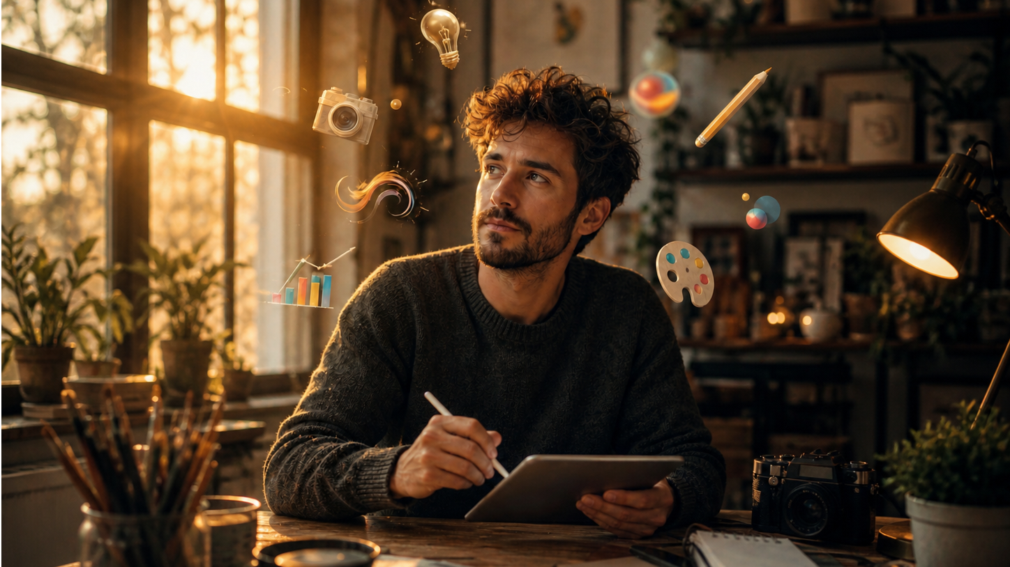 Creative professional brainstorming content ideas for digital media in a cozy workspace with inspirational decor