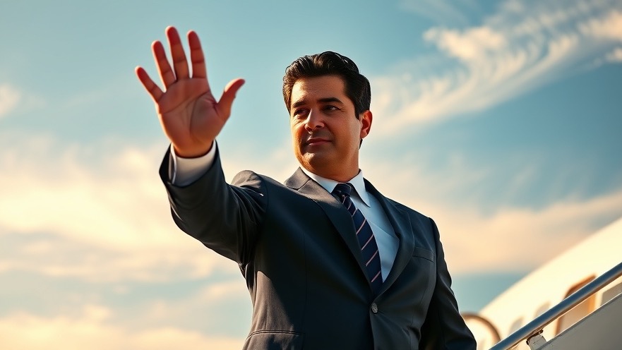 Hispanic politician waves near an airplane, symbolizing U.S. foreign aid and public diplomacy.