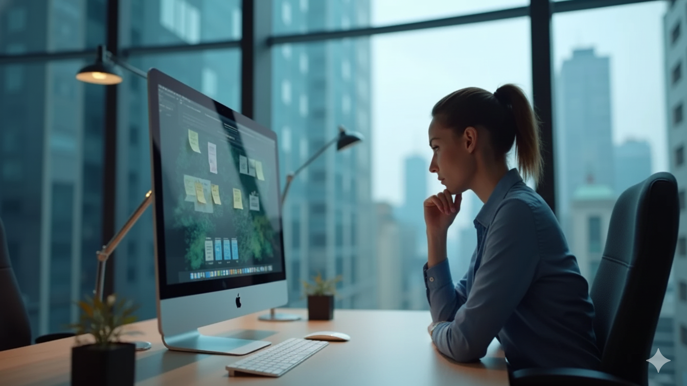 Professional reviewing AI-generated content to ensure integrity and authenticity for local brand authority