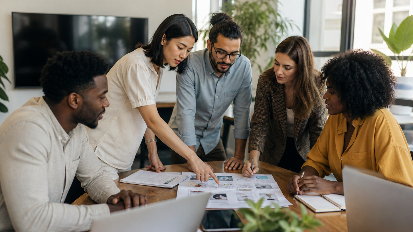 Insightful group of diverse digital marketers collaborating on a content creation plan for social media and blogs in a modern office