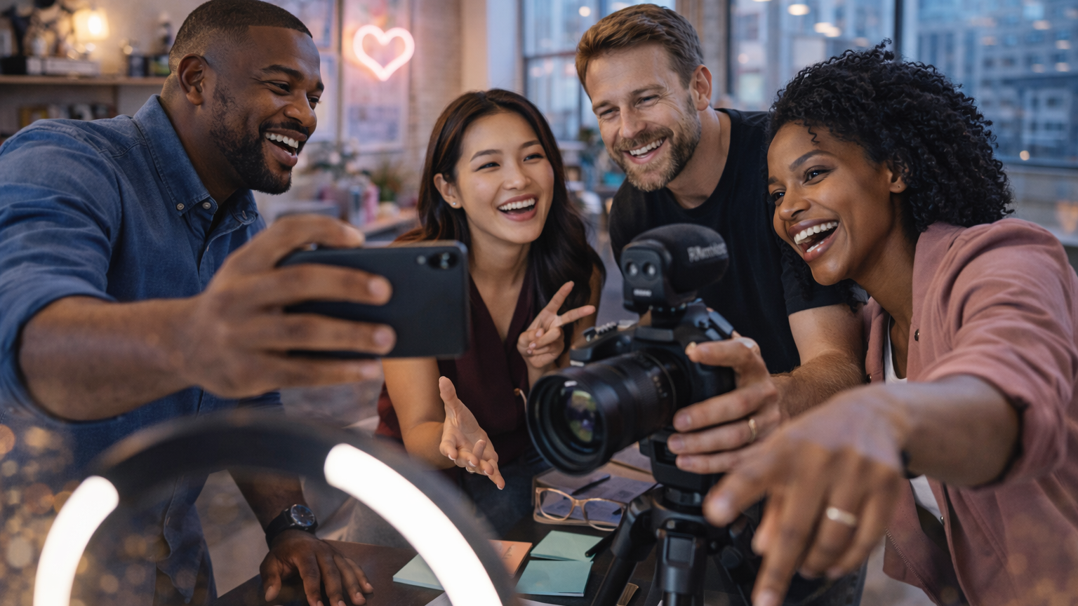 modern influencers and content creators collaborating for creative agency social media strategies in urban loft studio