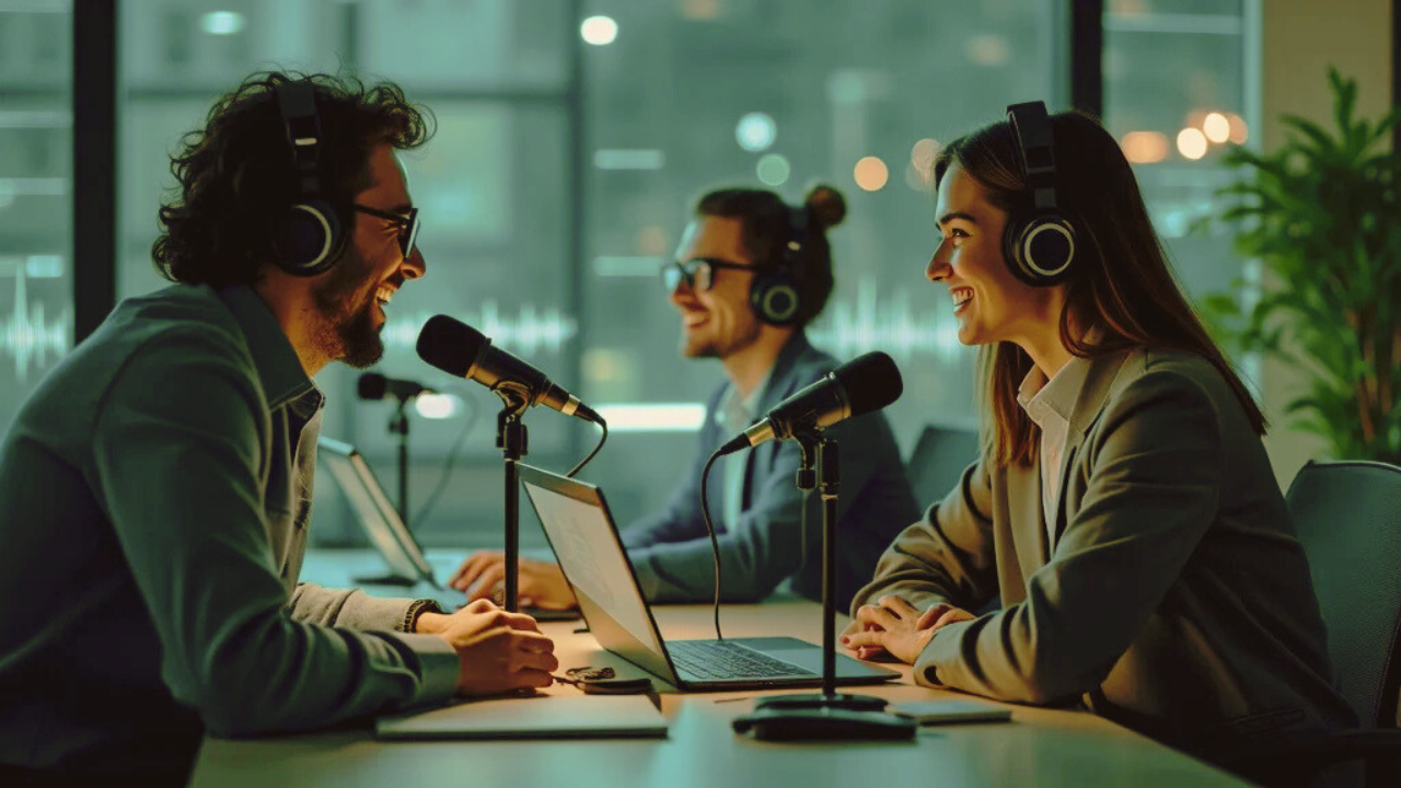 ai podcast technology modern immigration attorney studio high-tech glass-walled office microphones digital soundwave displays