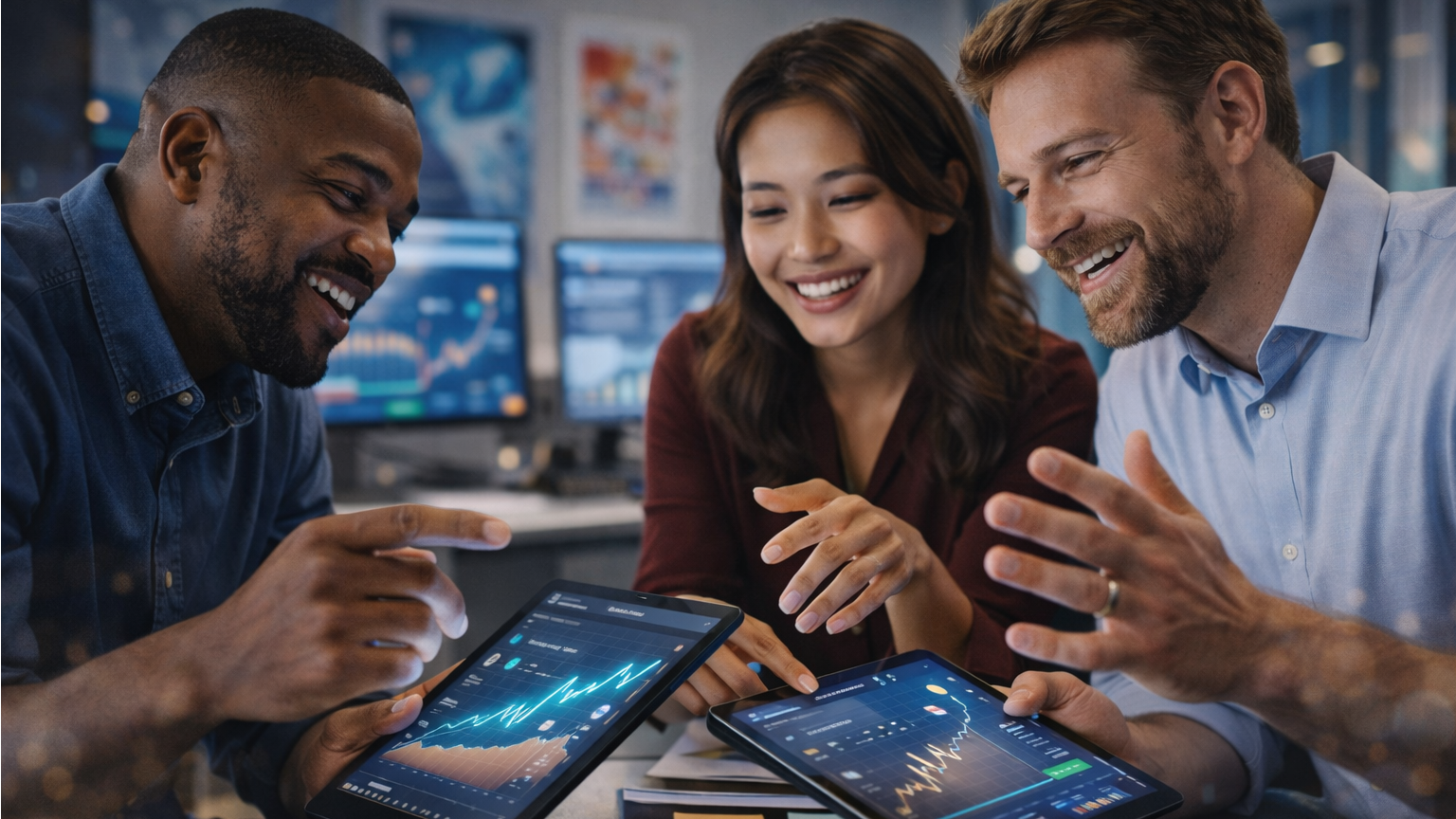 marketing agency professionals discussing analytics and growth charts in digital workspace