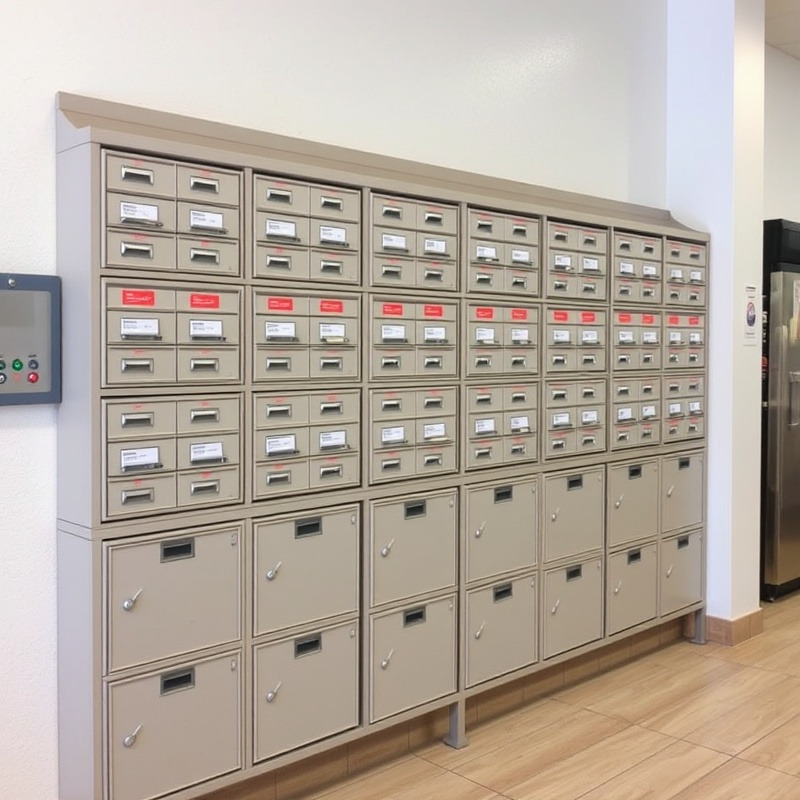 Rental mail postal boxes in a commercial establishment against a wall.