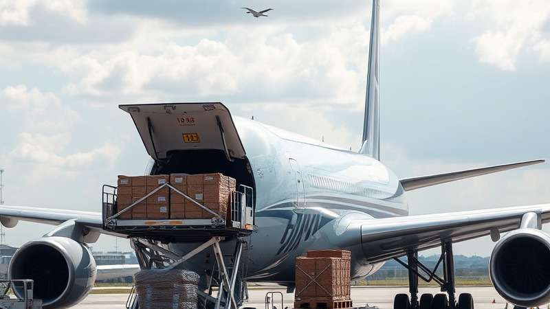 Cargo plane at airport being loaded with courier materials for shipping.
