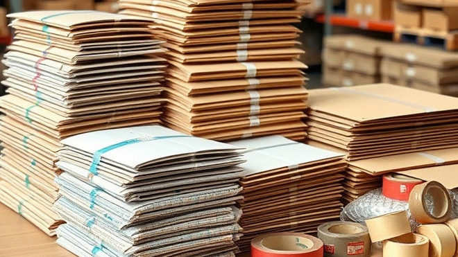 Packaging materials on a work table in a shipping store, featuring cardboard envelopes, tape, and bubble wrap.