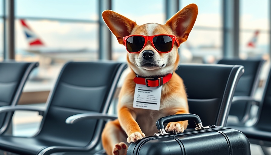Chic dog at airport holding ticket, Akasa Air pet policy example.