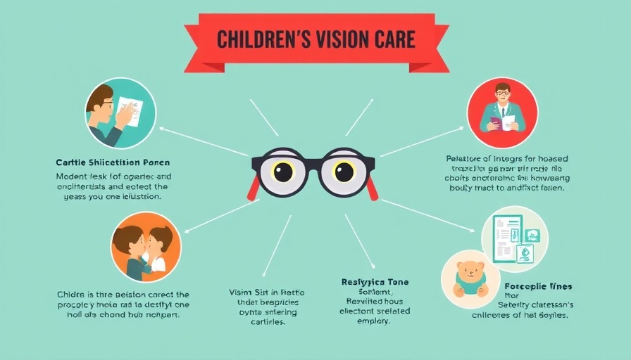 Vision care strategies for children graphic highlighting screen time myopia prevention.