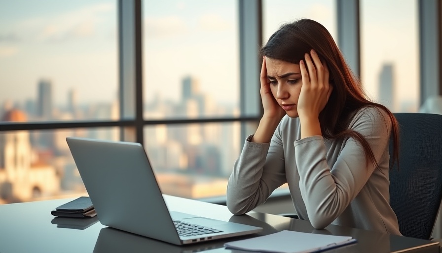 Frustrated woman at desk seeking access to mental healthcare, natural light.