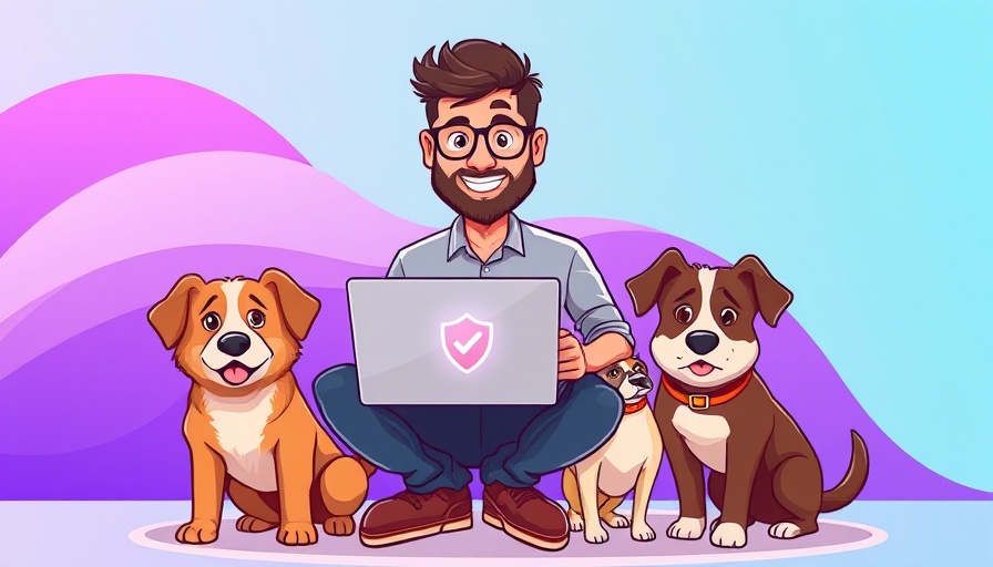 Pet insurance data breach illustration with a man, dogs, and security symbols.