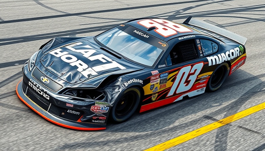Damaged NASCAR car in playoff desperation on race track.