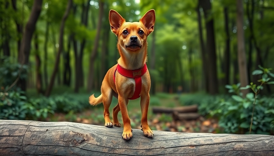Small brown dog in red harness explores NYC's dog-friendly forest.
