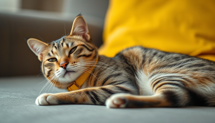 Relaxed cat with yellow collar lounging, AI-driven feline health monitoring.