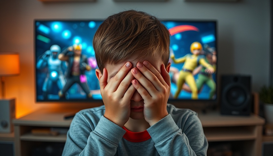Boy showing distress in front of computer, gaming disorder in children theme.